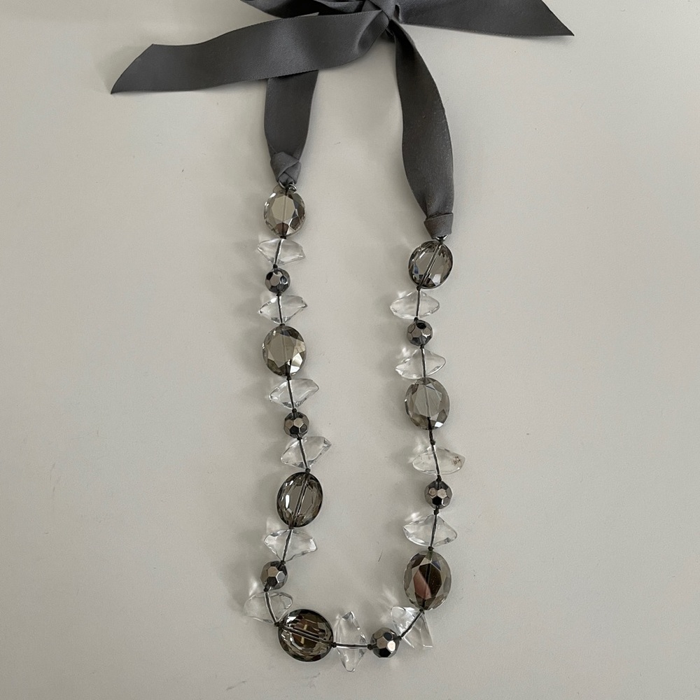 Shades of gray acrylic bead necklace with ribbon tie
